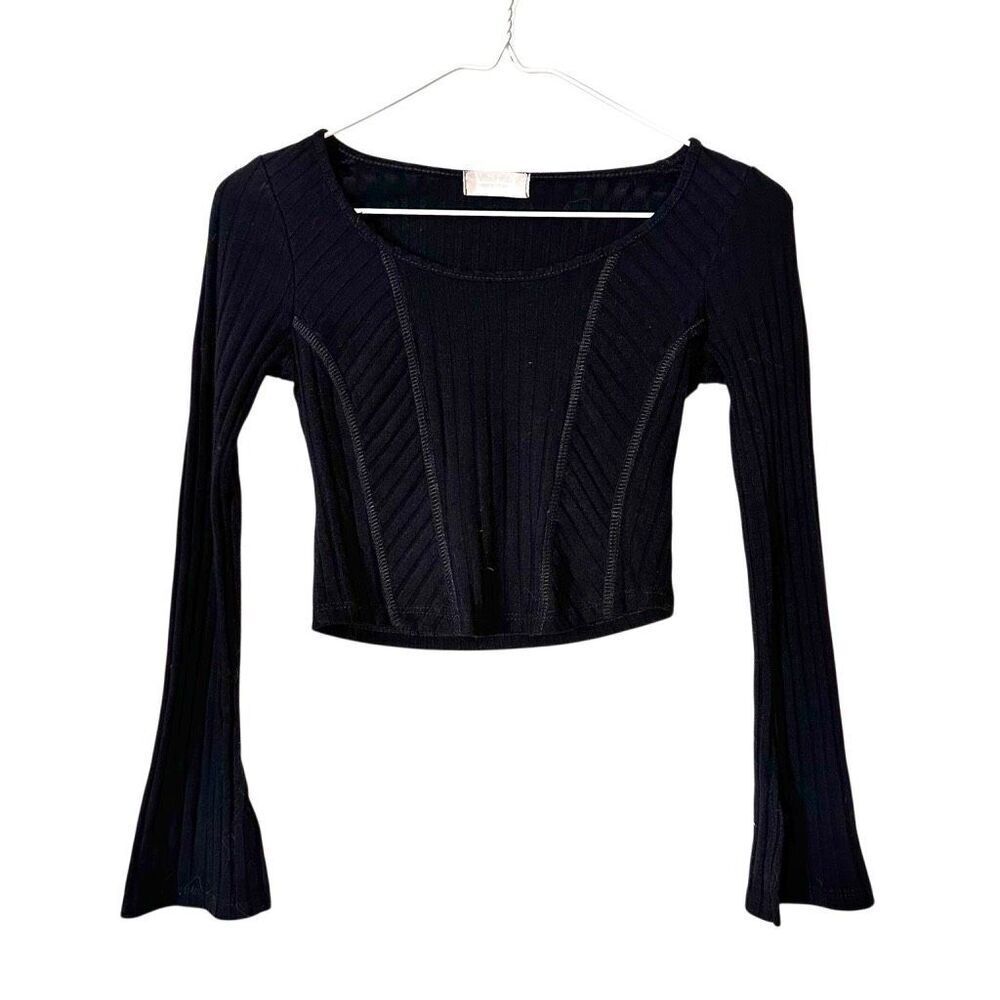 Altar'd State Scoop Neck Long Bell Sleeve Black Corset Cropped Top XS